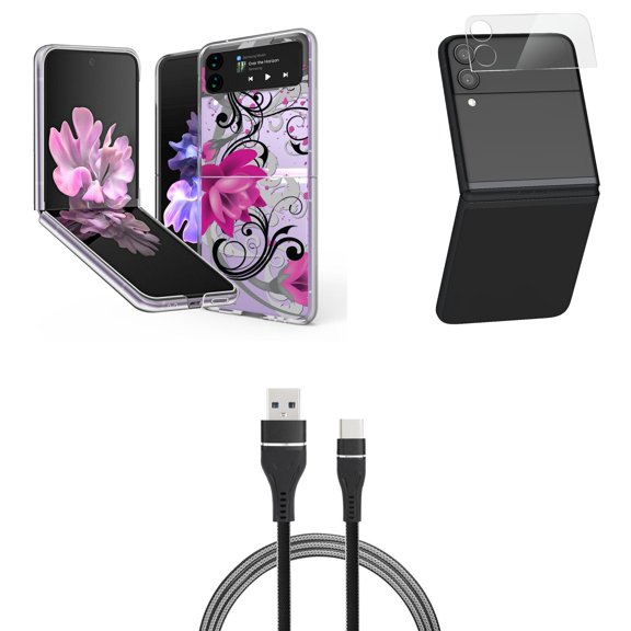 Bemz Premium Bundle for Samsung Galaxy Z Flip 3 5G: Slim Snap-On Protector Case (Magenta Lotus), Rear Camera Glass Protector, Nylon Braided USB-C to USB-A Cable (3 Feet)