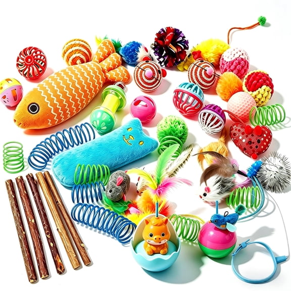 QOPR 50 Pcs Cat Toy Variety Pack, Kitten Toys and Cat Toys for Indoor Cats with Balls, Springs, Plush Fish, Mice & Feather Teaser