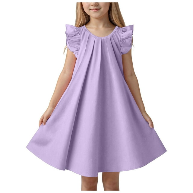 BOBOGOJP Dresses for Girls Long Girls Summer Dresses Cute Double Layer Ruffle Sleeve Smocked Flowy Dress Lace Dress Little Flying Sleeve Dress For Girls (Purple,2-3 Years)