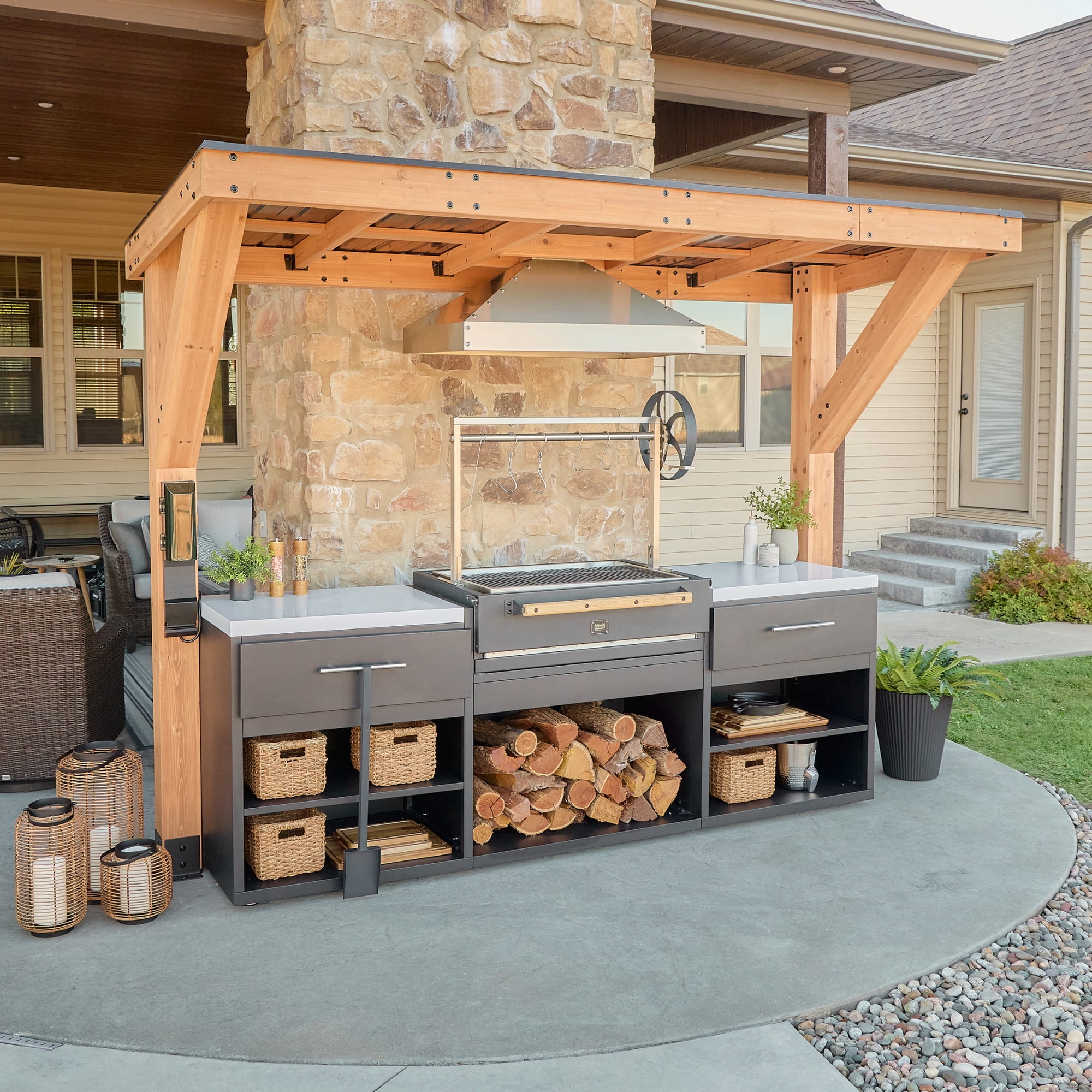 Backyard Discovery Timber Rock 10' Covered Outdoor Kitchen Cook Station, Argentine Grill