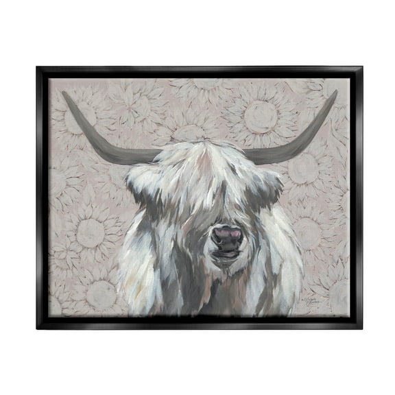 Stupell Industries Gazing Highland Cattle Sunflower Pattern Painting Jet Black Floating Framed Canvas Print Wall Art, Design by Michele Norman