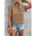 thumbnail image 3 of Women Petal Sleeve Top Casual V Neck Plain Color Dressy Loose Fit Summer Basic Tee Top Khaki M, 3 of 7