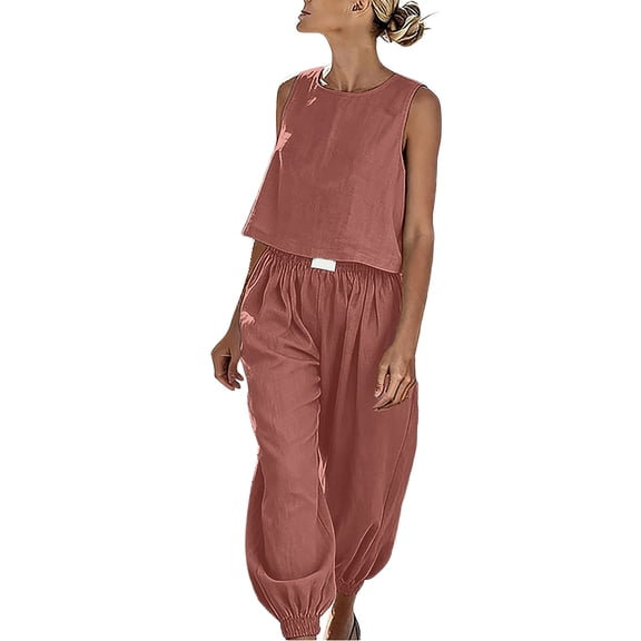 PBFRDSJ Casual Sets for Women Sleeveless Crewneck Tank Elastic Waist Jogger Pants Summer Lightweight Breathable Sets for Outdoor Hiking