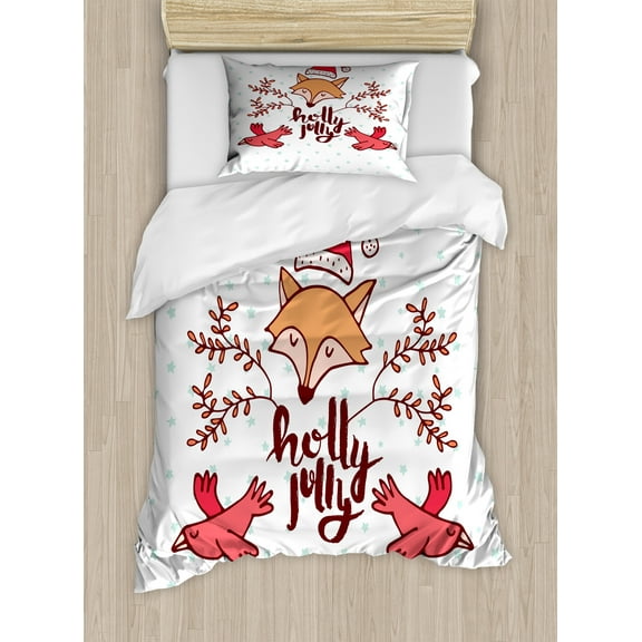 Christmas Duvet Cover Set, Holly Jolly Calligraphy Flying Birds and Branches with Santa Fox, Decorative 2 Piece Bedding Set with 1 Pillow Shams, Twin Size, Dark Pink and Multicolor, by Ambesonne