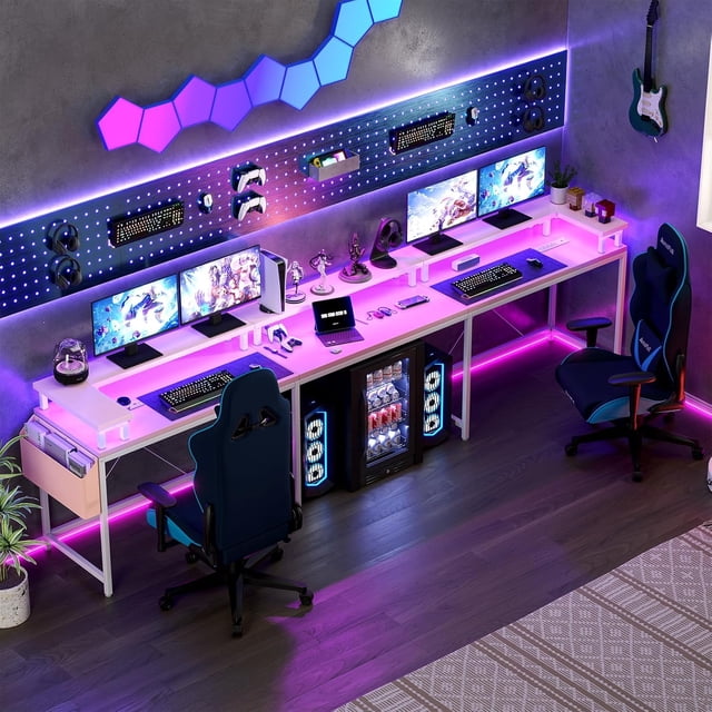 Eastvita Rose Bureau de Bureau à Domicile en Forme de U de 126 Pouces avec Forme en L Réversible/éclairage DEL RVB Dynamique/prises de Courant Intégrées/ports USB/support Complet pour Moniteur/étagères de Rangement/crochets/un...