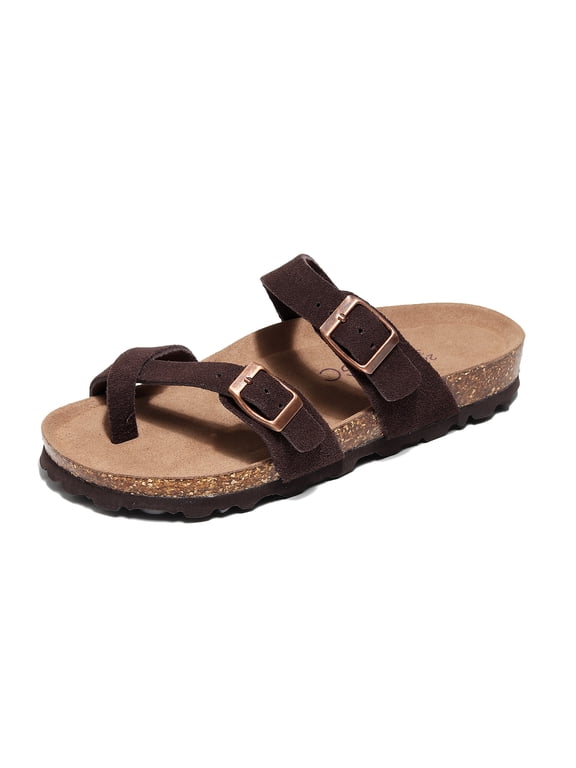 Genuine Leather Summer Sandals Women Slides for Women Natural Cork Footbed Womens Slides Straps - Womens Sandals Comfortable Spring Break Outfit Women Footwear