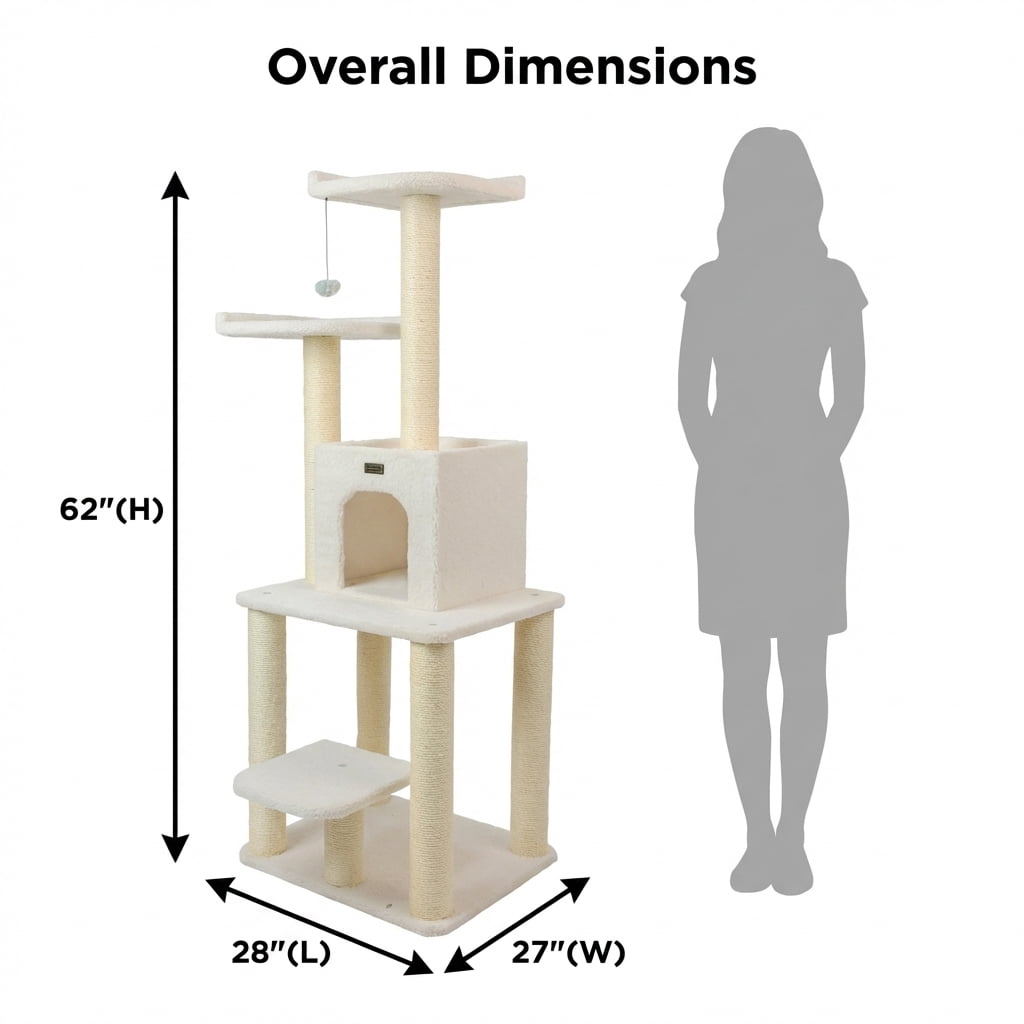 Multi-Level Cat Tree Tower with Sisal Scratching Posts, Cozy Condo, Perches and Hanging Toy, Beige, 62 Inches Height