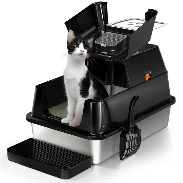 Caja de arena para gatos Eosarcu de acero inoxidable con tapa abatible XL, color negro