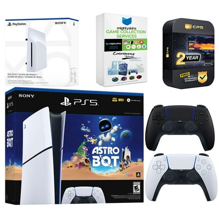 Sony PlayStation 5 Astro Bot Slim Digital Bundle with Disc Drive, Extra Controller, MightySkins Game Collection Services and 2 Year Extended Warranty - Midnight Black