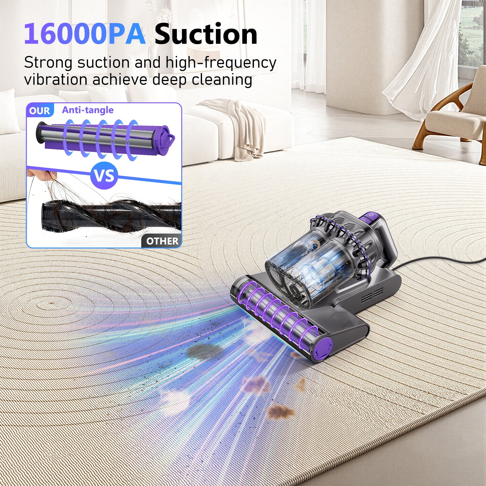 SUDILO Mattress Vacuum Cleaner with Heat, 16kPa Strong Suction & HEPA Filter, Deep Cleans Dust, Particles, Pet Hair from Bed, Couch, Carpet, 500W Corded, Gray