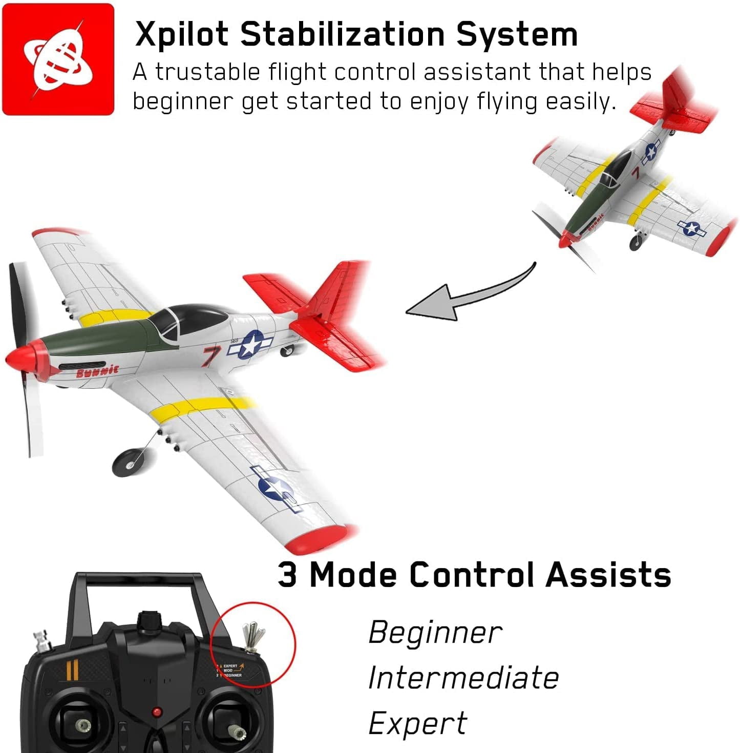 P51D 4CH 2.4GHz Remote Control Mustang Warplane. Ready to Fly with 3 Flight Modes. Perfect Beginner Airplane (15-3/4"/400mm Wingspan)