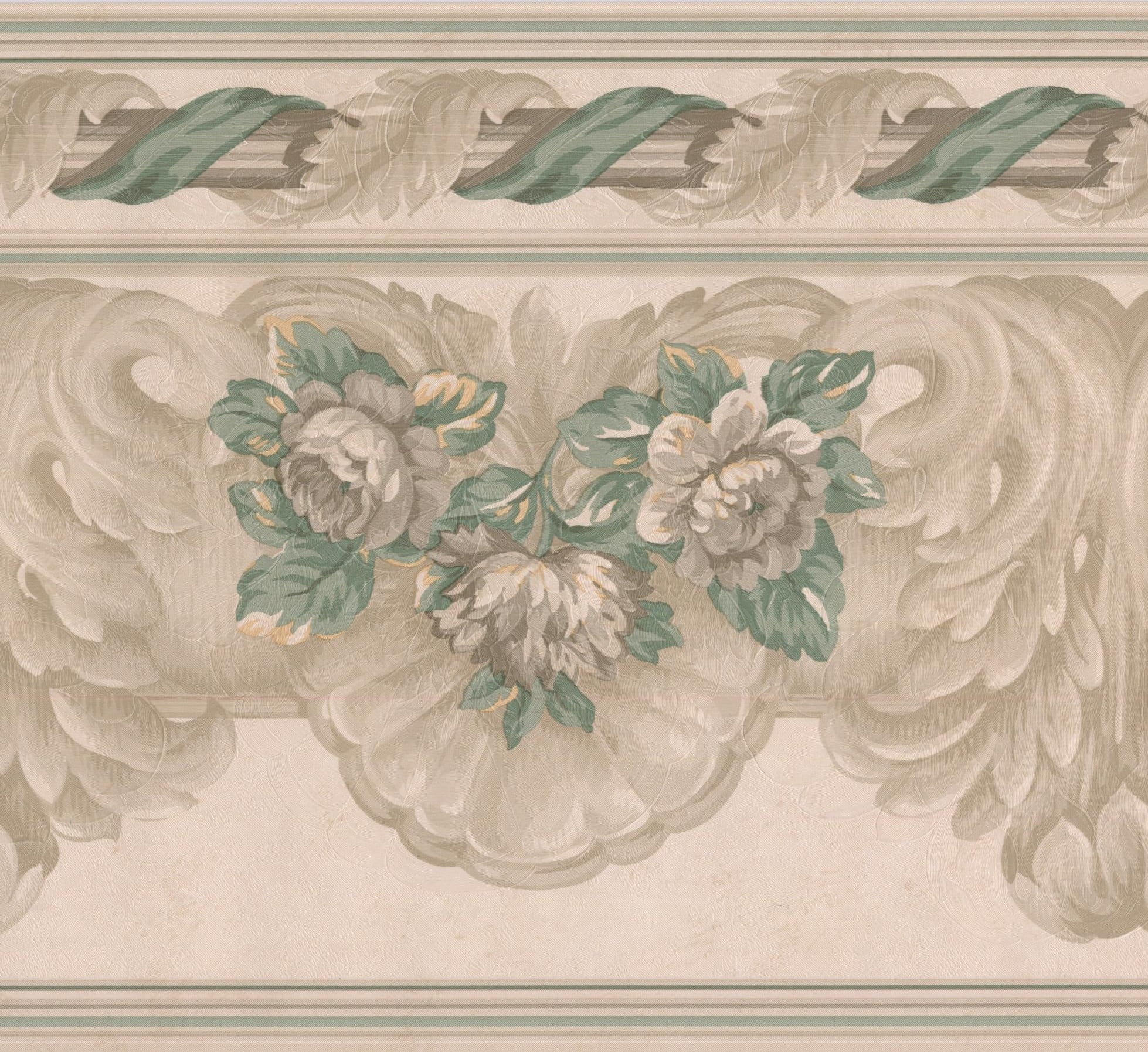 Beige Green Grey Floral Wide Wallpaper Border Retro Design, Roll 15’ x