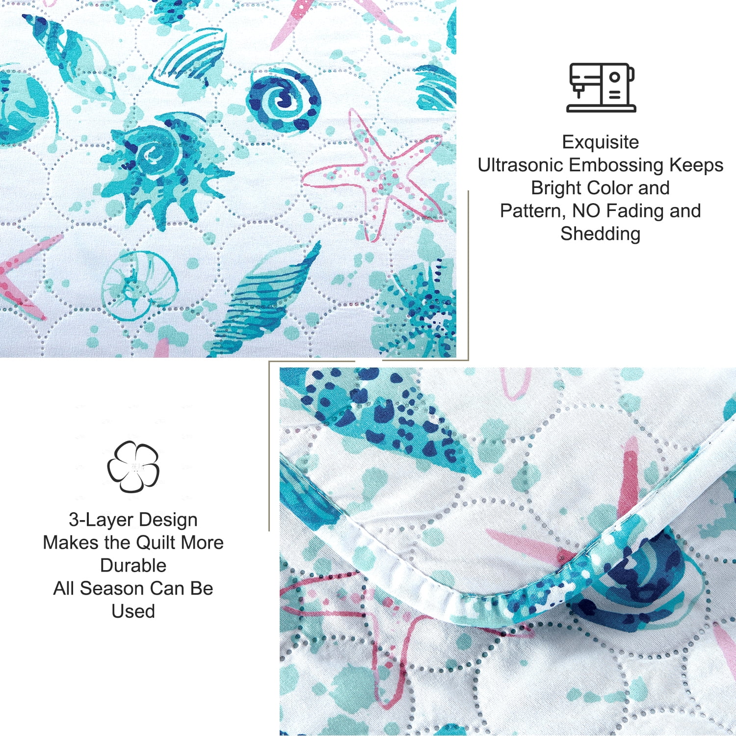Kebury Coastal Beach Theme Quilts Bedding Set King Size Lightweight Patchwork Ocean Bedding Coverlets Conch Blue Seashell Starfish Seaweed Bedspreads (1 Quilt, 2 Pillow Shams)
