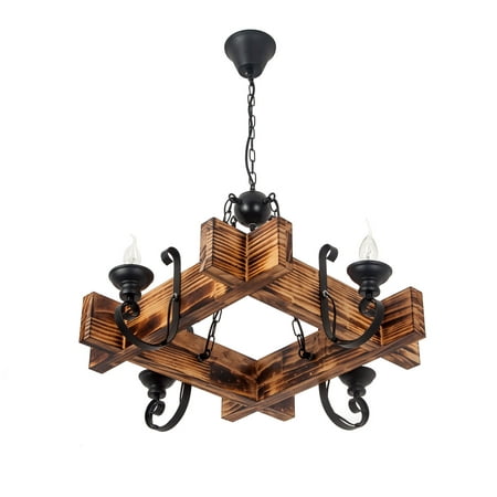 

Miumaeov Creative Loft Pendant Lamp Vintage Wooden Light Wrought Iron Chandelier 4-Light Pendant Light Rustic Farmhouse Ceiling Lamp Retro E26 D55cm × H100cm