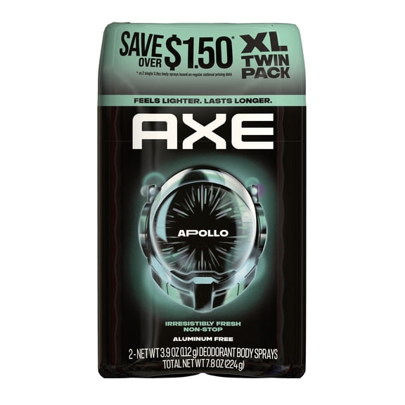 AXE Body Spray 48 Hour All Over Fresh Apollo Aluminum Free, 3.9 oz Twin