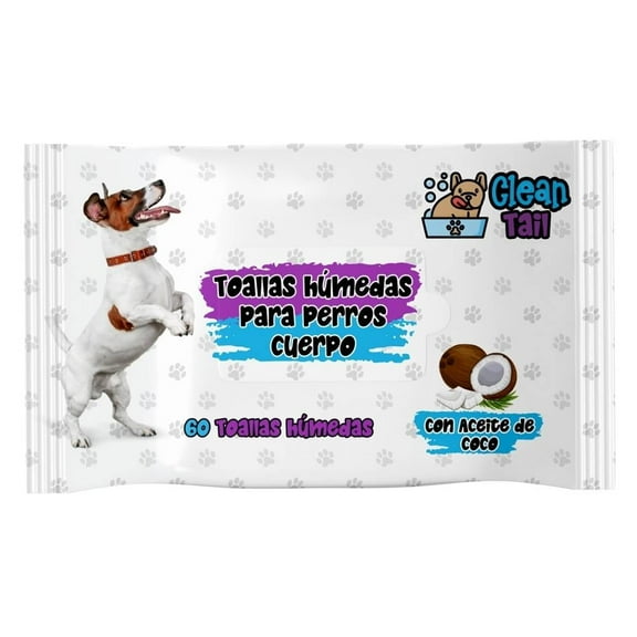 Toallas Húmedas para Perros Clean Tail Cuerpo con Aceite de Coco 60 Piezas