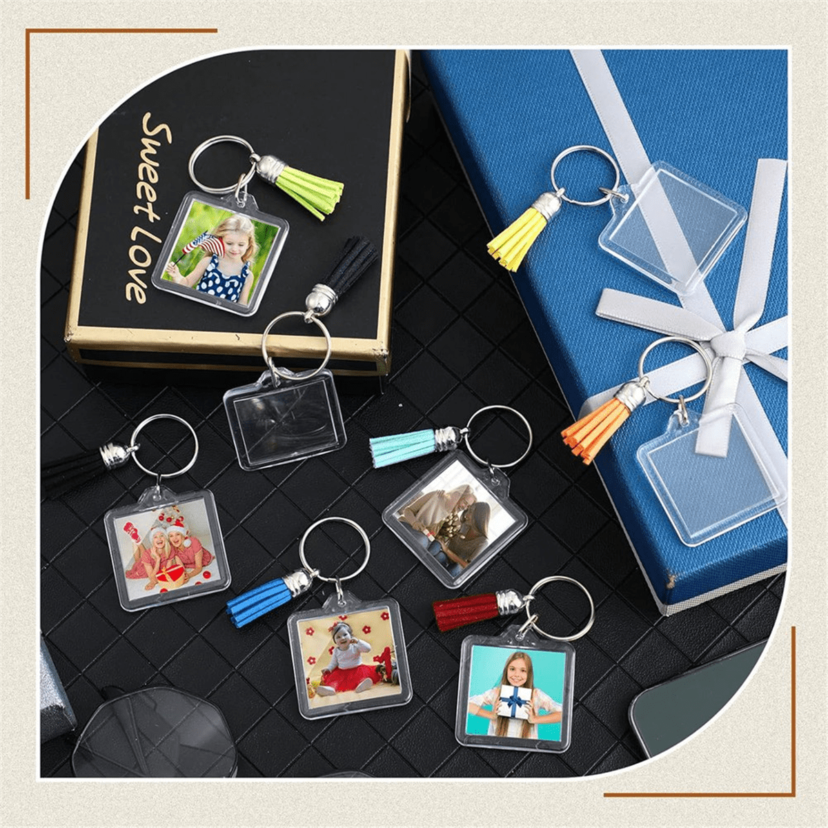 NEW Acrylic Photo Frame Keychain with Tassels Charms Insert Clear Keyrings Blank for DIY Square