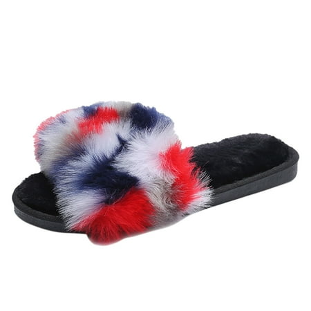 

Follure Girl women s casual shoes Home Women Slip-On Furry Flat Home Plush Color Open Toe Keep Warm Slippers Shoes Blue 40-41
