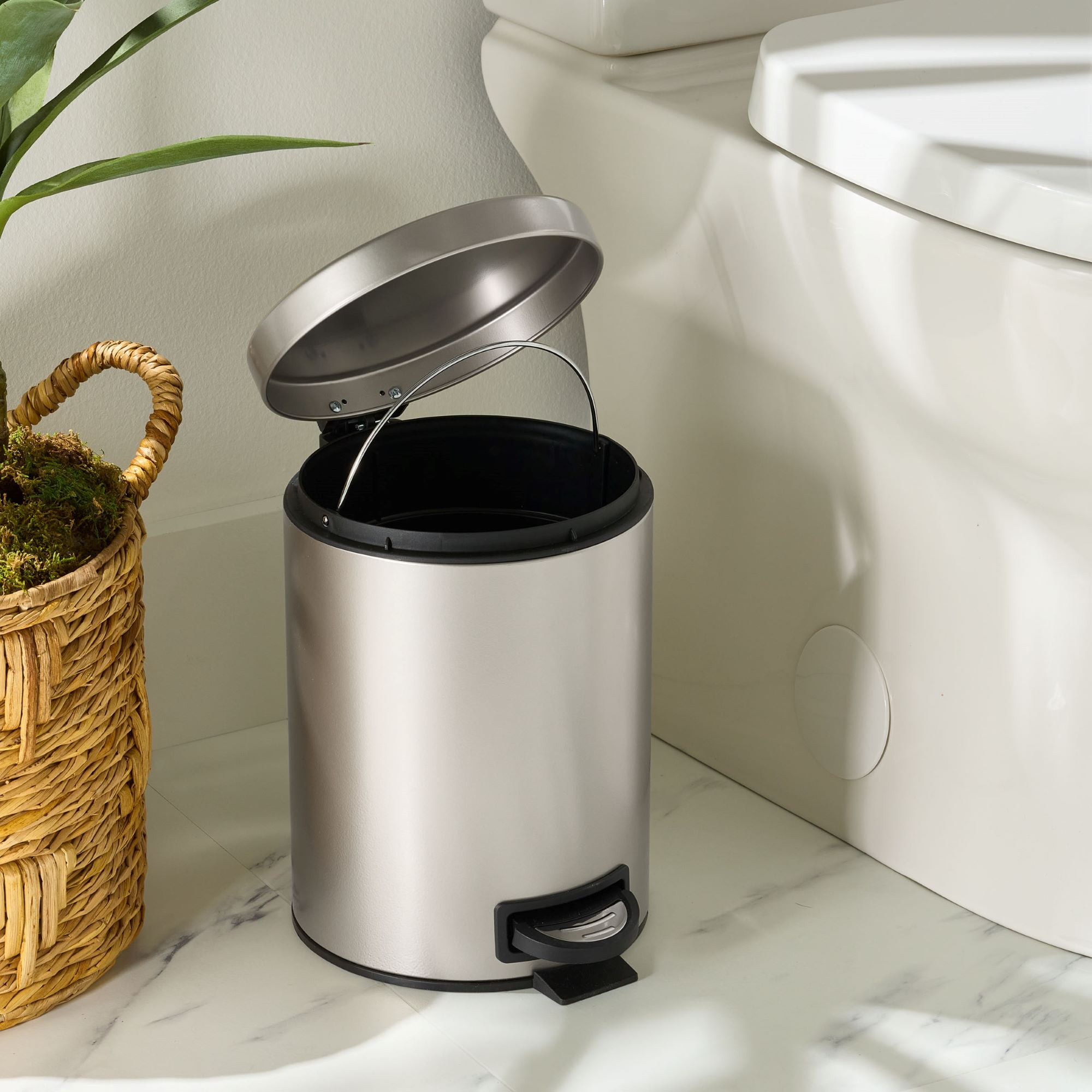 (2 pack) Better Homes & Gardens Satin Nickel SS 1.3 Gallon Metal Bathroom Waste Basket