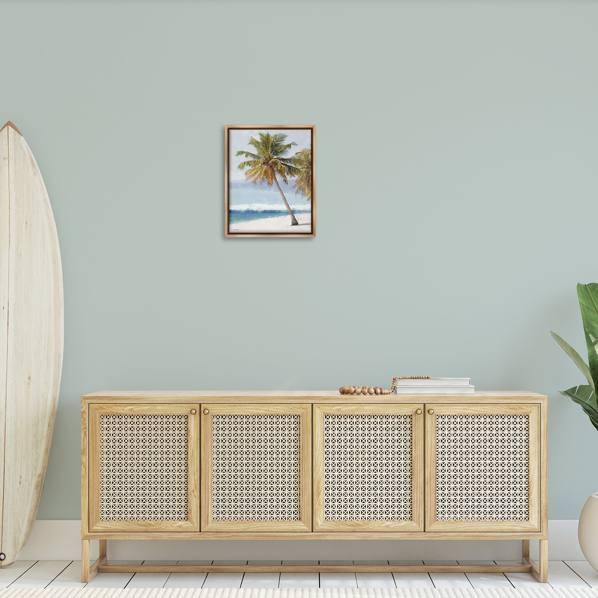 Stupell Industries Looming Palms on Shore Landscape Painting Brown Floater Framed Canvas Art Print Wall Art, 17 x 21