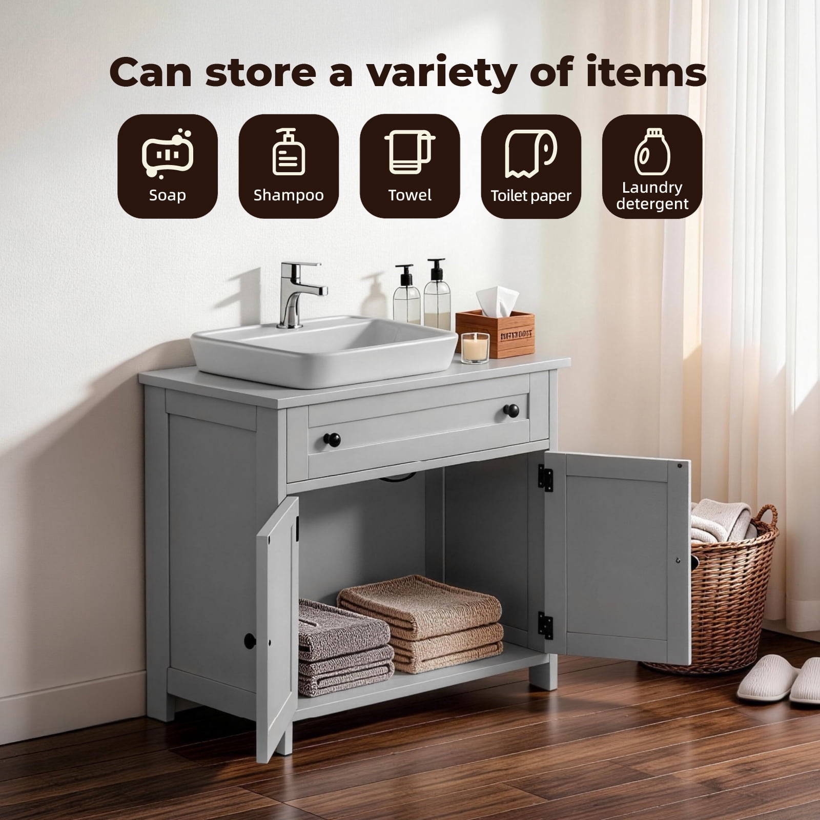 Ktaxon Bathroom Vanity Cabinet, Under Sink Pedestal w/ One Drawer and Two Doors, Wall - mounted Drainage, Gray