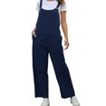 thumbnail image 1 of Pantalones con tirantes de inspiración vintage en azul oscuro, corte recto, diseño de bolsillos laterales, talla M para mujer, 1 of 6