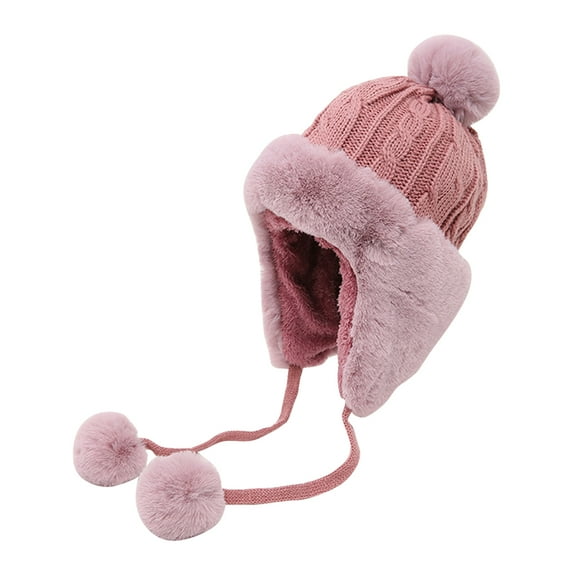 Earmuff Plush Ball String Hat Autumn Winter Warm Headwear Knitted Warm Keeping Earflap Hat for Adults (Claret)