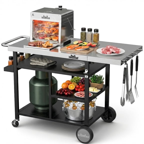 BIG HORN OUTDOORS Grill Table, Heavy Duty Outdoor Pizza Oven Cart with Wheels & Storage, Folding Grill Cart for Garden Patio