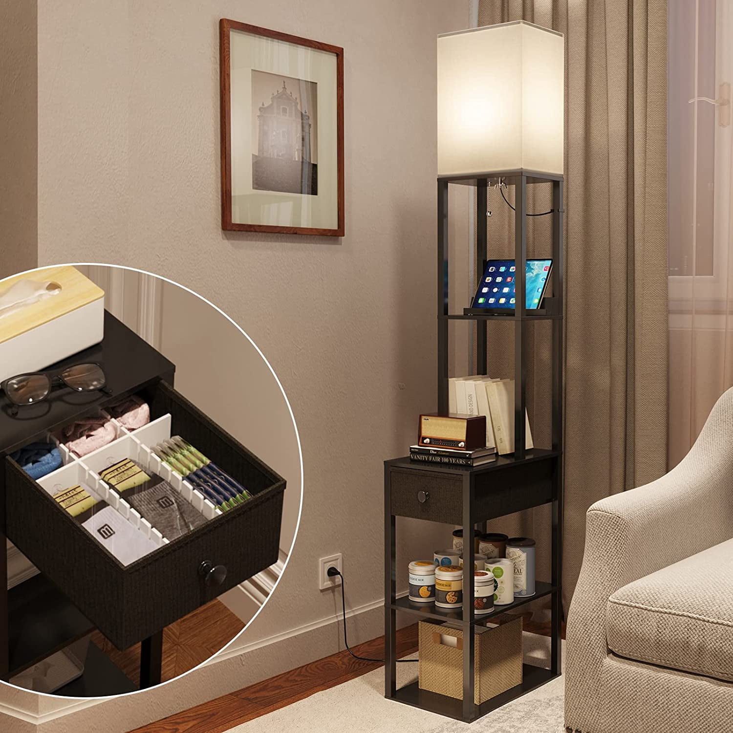 addlon Floor lamp for Living Room, lamp with 2 USB, Outlet and Drawer