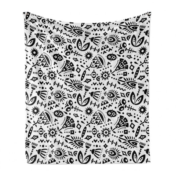Geometric Soft Flannel Fleece Blanket, Illustration of Various Hand Drawn Shapes and Motifs in Monochrome Style, Cozy Plush for Indoor and Outdoor Use, 50" x 70", Dark Grey and White, by Ambesonne