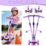 JoyStone Kick Scooter for Kids with LED Light Wheels & Music, 3 Adjustable Height Handlebars, Lean-to-Steer Technology, 3 Wheel Scooter for Toddlers Girls Boys Up to 110 Lbs, Purple