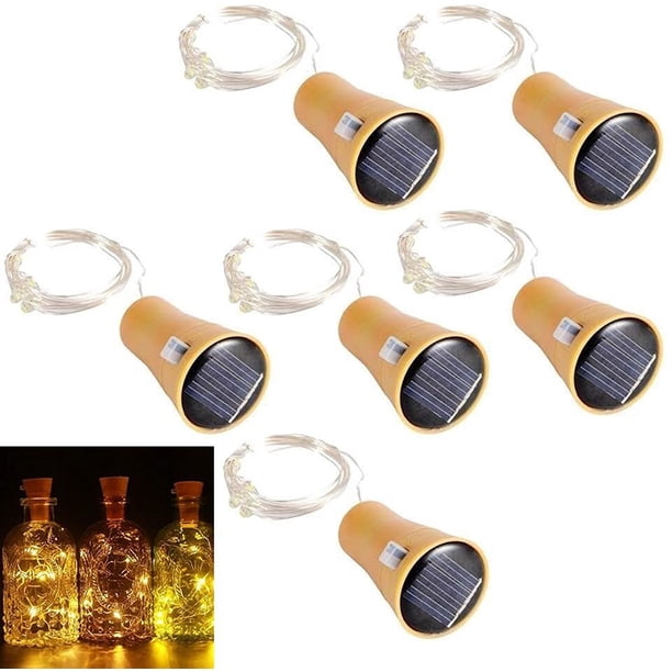Juego de 6 guirnaldas de luces LED solares con diseño de tapón de botella, 1 m, 10 LED, cable de cobre, luces decorativas para decorar botellas, bares, dormitorios, bodas, Navidad y fiestas (blanco cá