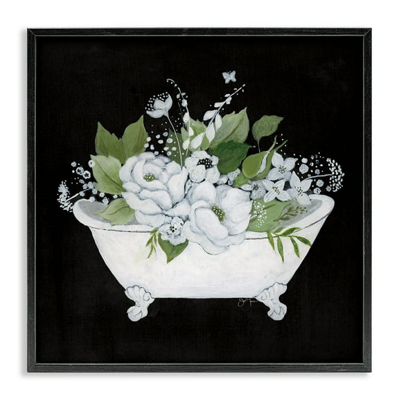Stupell Industries Charming Floral Bathtub Typography Painting Black Framed Art Print Wall Art, 12 x 12
