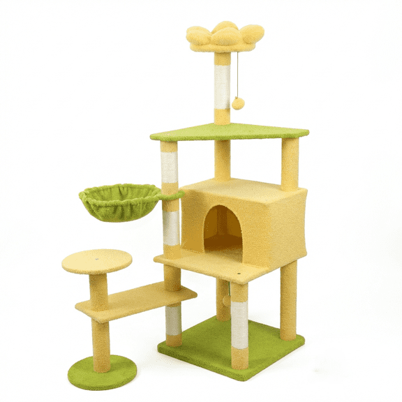 Yellow Flower Cat Tree, 56" Tall Multi-Level Cat Tower with Large Condo, Removable Flower Cushion & Hammock, Sisal Scratching Posts for Indoor Cats