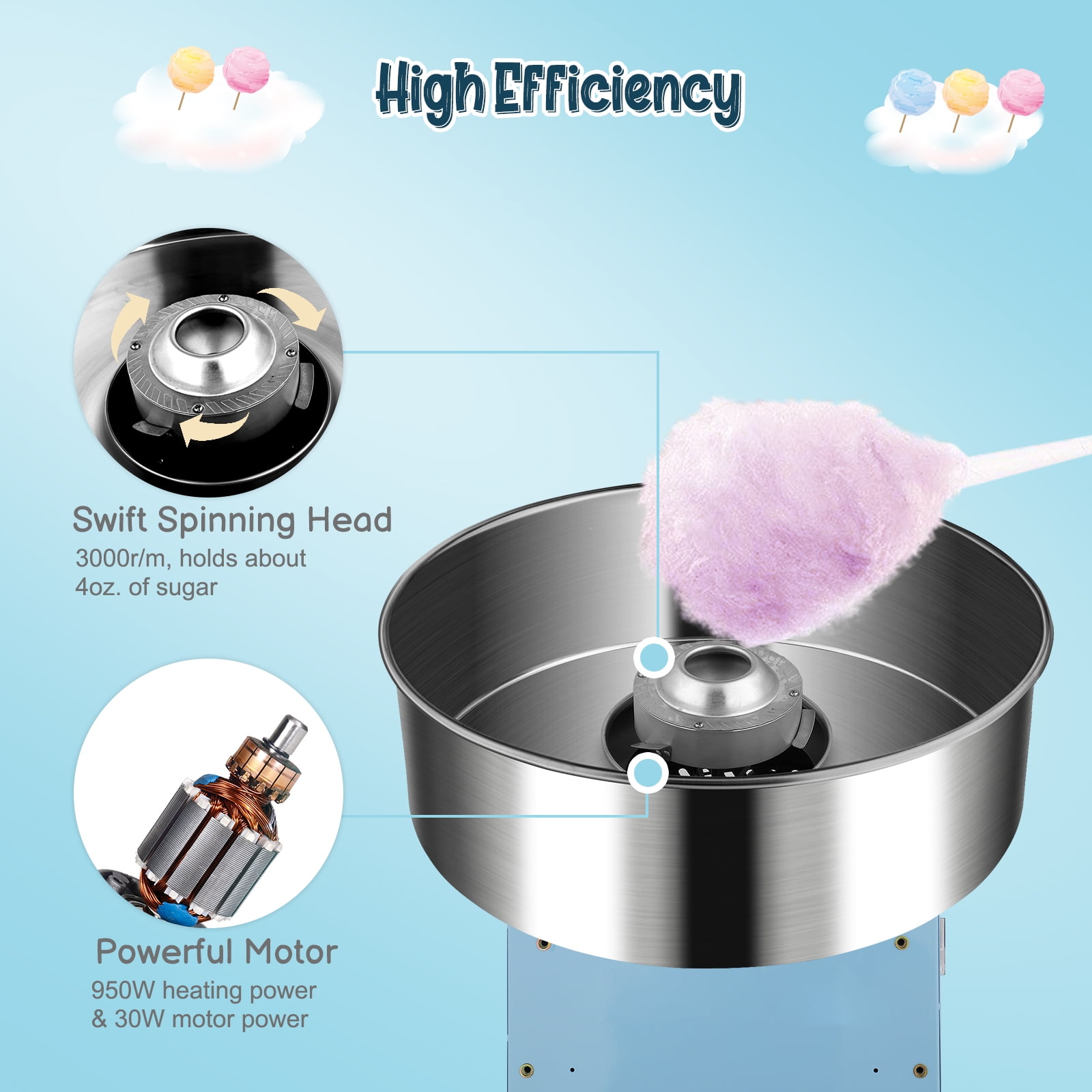 ROVSUN Cotton Candy Machine Maker 21 Inch Stainless Steel Bowl, Electric Candy Floss Maker Machine w/Sugar Scoop and Large Storage Drawer for Commercial Home Party Carnival, Blue
