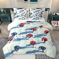 Manfei Eat Sleep Sports Bedding Comforter Set 7pcs for Teens, Ice Hockey Player King Bedding Sets, Cartoon Sports Theme Reversible Bed Sheets, Breathable Home Decor