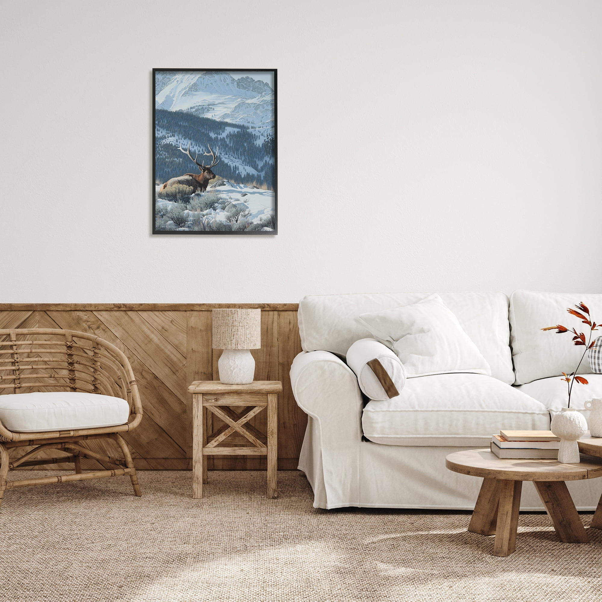 Stupell Industries Deer in Snowy Mountains Nature Painting Black Framed Art Print Wall Art, 24 x 30