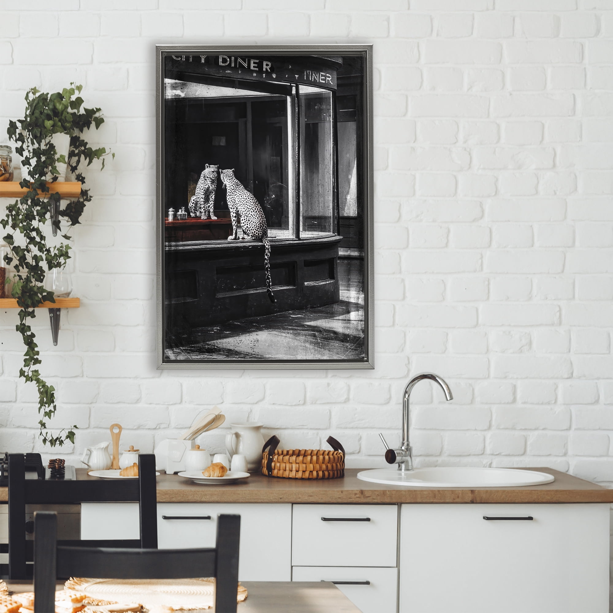 Stupell Industries Diner Noir Leopard Reflection Gray Framed Floater Canvas Wall Art, design by Annabelle Hall