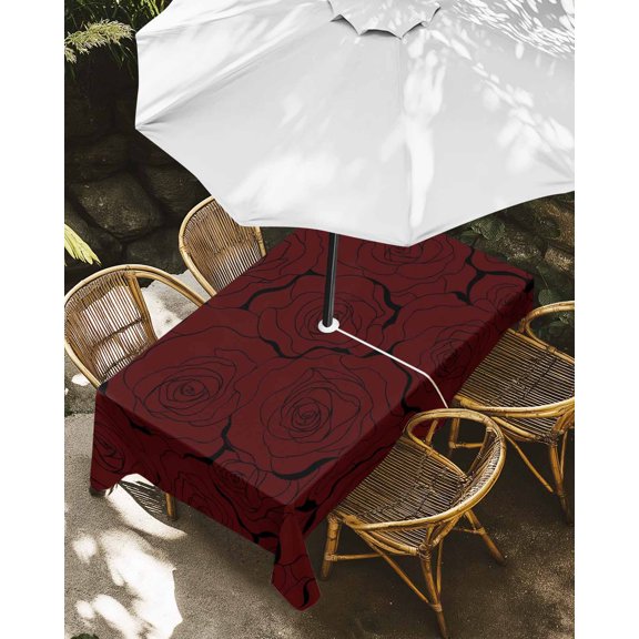 Outdoor Tablecloth with Umbrella Hole, Retro Burgundy Red Black Rose Zippered Table Cloth for Rectangle Tables, Mystic Flower Sketch Washable Waterproof Tablecloths for Picnic Patio Garden