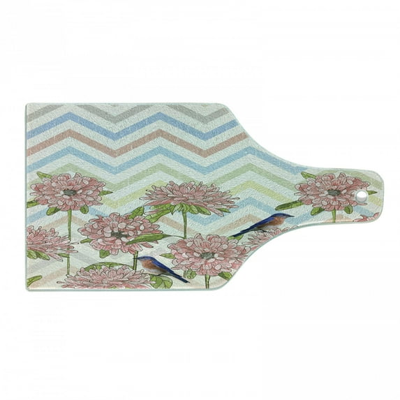 Floral Cutting Board, Vintage Themed Graphic Peony Flowers and Birds on Grunge Zigzags, Decorative Tempered Glass Cutting and Serving Board, in 3 Sizes, by Ambesonne