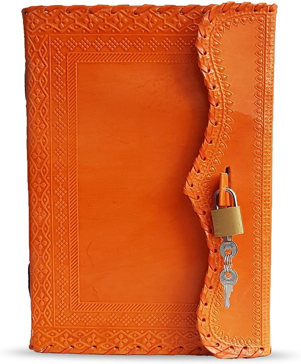 10' Leather Journal with lock Writing Pad Blank Notebook Handmade Notepad Men & Women Unlined Paper Best Present Art Sketchbook Travel Diary To Write Book Of Shadow Refillable Grimoire Orange