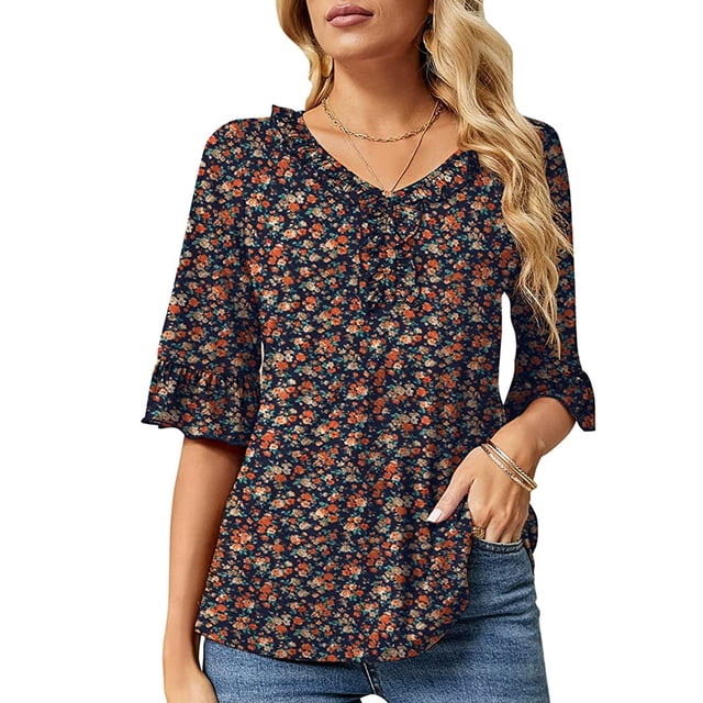 Camiseta de media manga con ribete de volantes para mujer, cuello en V, informal, holgada, elegante y elegante, camiseta de verano con estampado Floral negro M