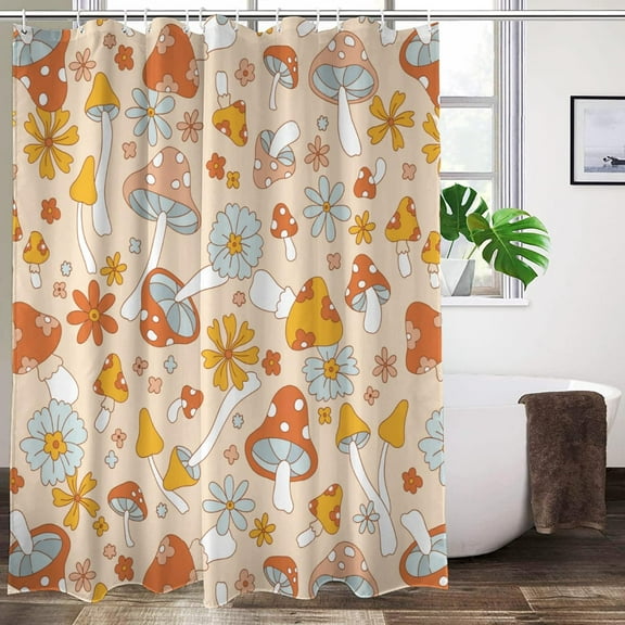 Retro 70s 60s Hippie Mushroom Shower Curtain Funky Vintage Cute Flower Boho Floral Washable Waterproof Fabric Bath Curtains Set for Bathroom Decor Art with 12 Hooks - 72x72 Inch