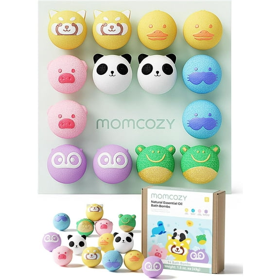Momcozy Kids Bath Bombs Gift Set, 14 Pcs Bubble Bath Fizzy Balls with 7 Cute Animal Shapes,  Natural & Organic Bath Bomb for Kids, Ideal Gift for Children's Day