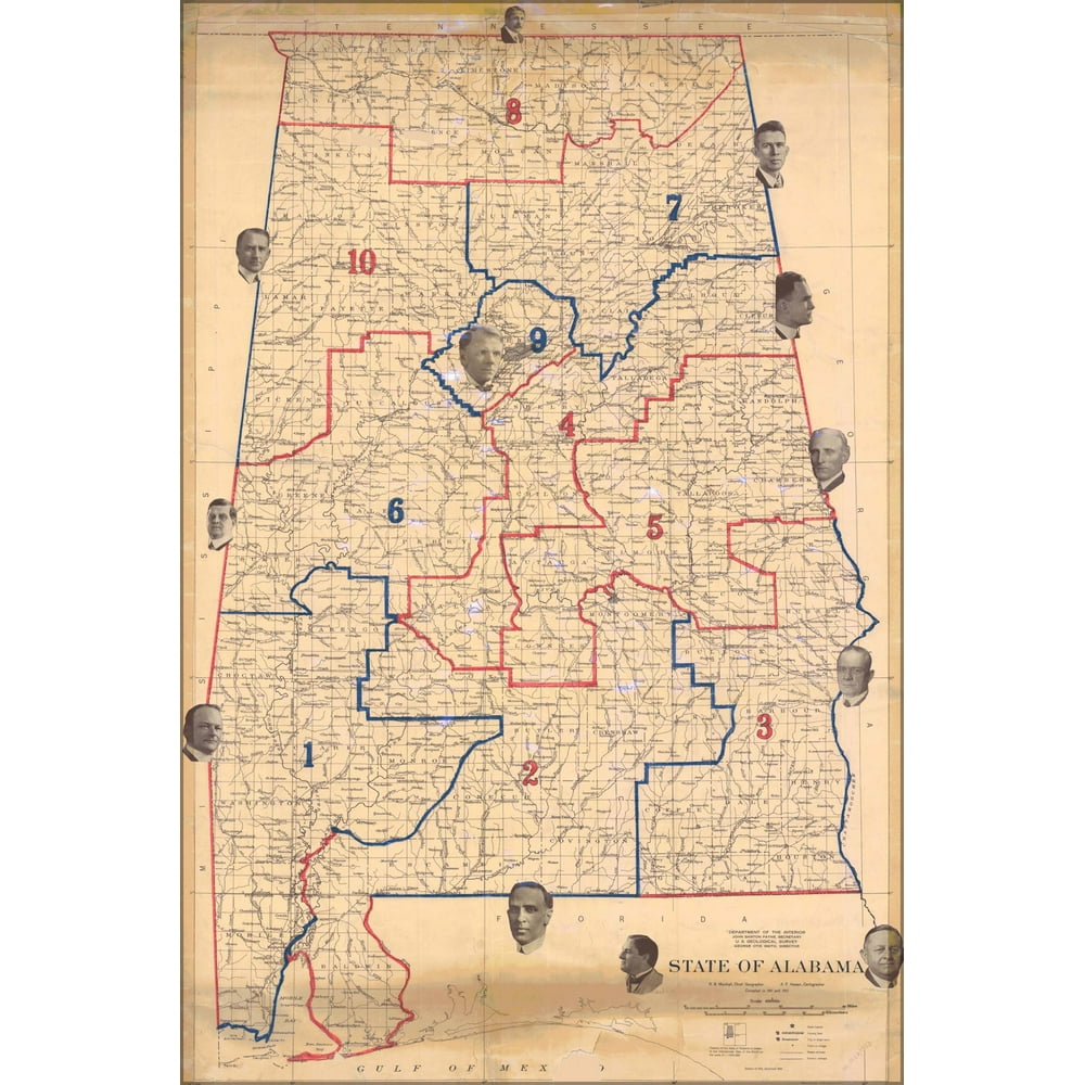 24"x36" Gallery Poster, 1920 Map of Alabama Congressional districts