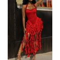 thumbnail image 4 of Red Women Halter Neck Ruffled Bodycon Midi Dress With High Slit For Party Cocktail Evening, 4 of 8