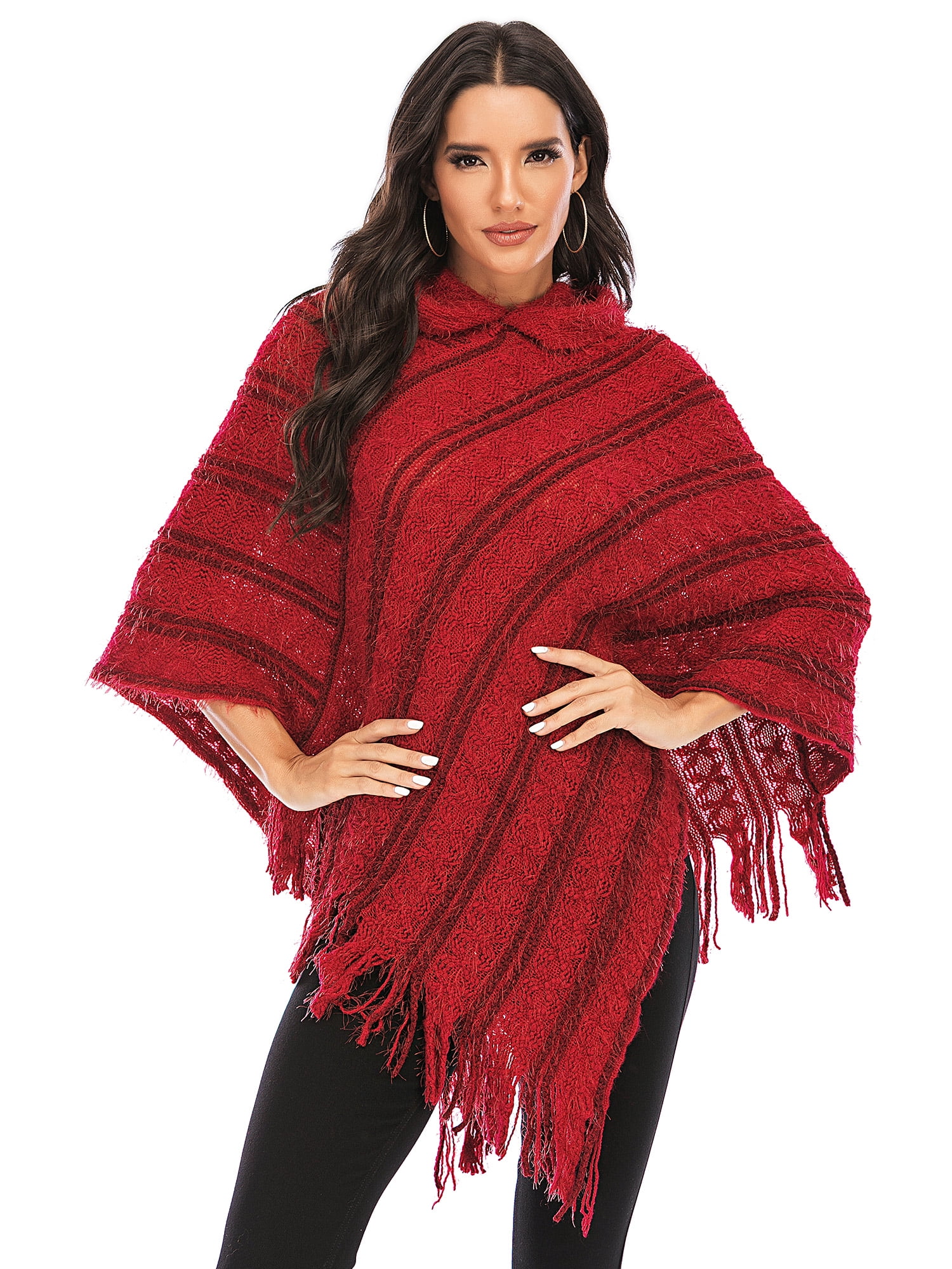 YouLoveIt Womens Poncho Sweater Wrap Knitted Ponchos Shawl Hooded