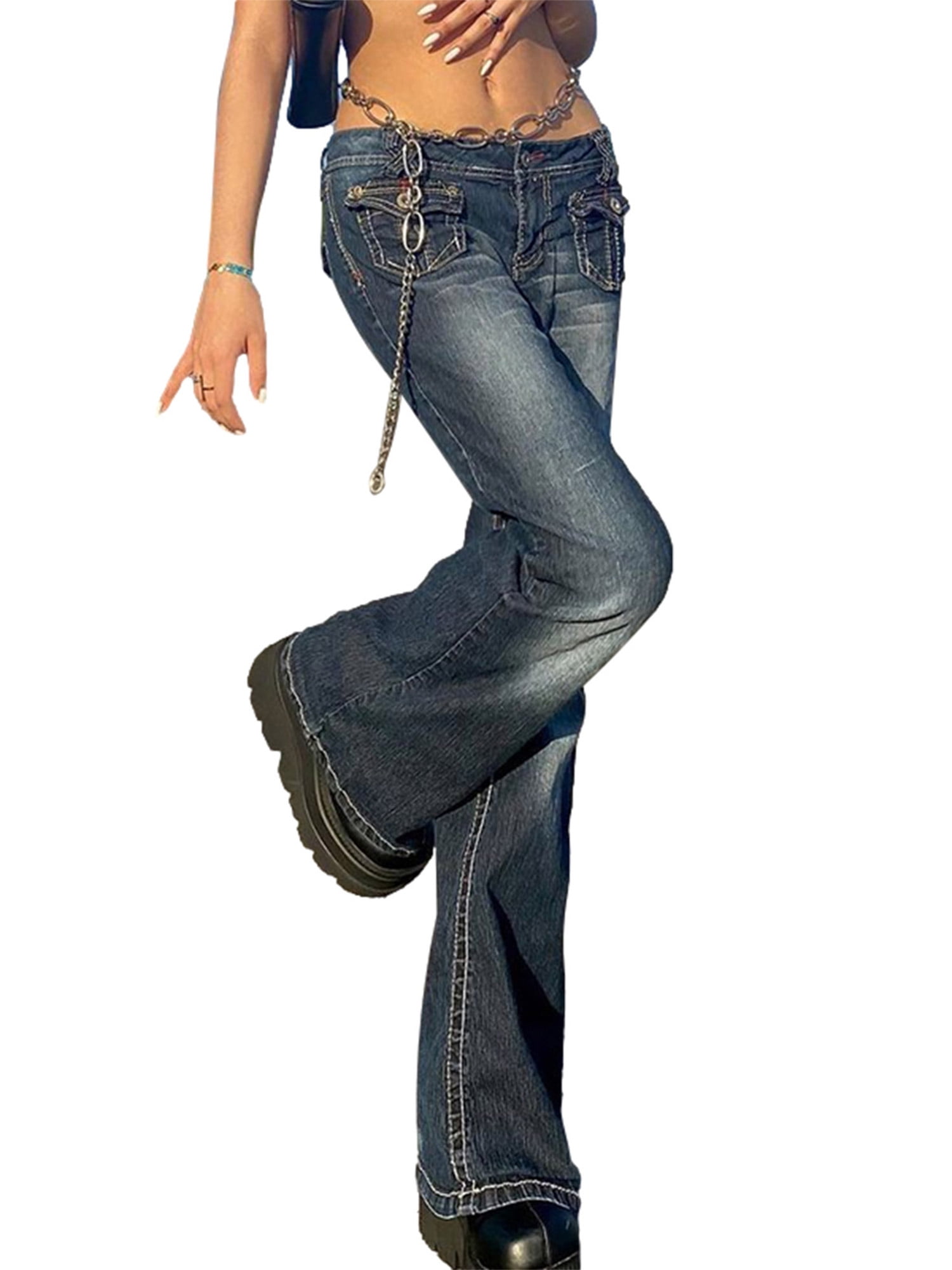 Women Low Rise Jeans Flare Pants Wide Leg Denim Jeans Loose Baggy Cargo  Pants with Flap Pockets Y2K EGirl Streetwear 