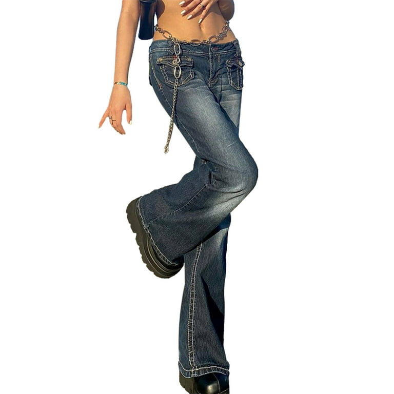 Women Low Rise Jeans Flare Pants Wide Leg Denim Jeans Loose Baggy Cargo  Pants with Flap Pockets Y2K EGirl Streetwear