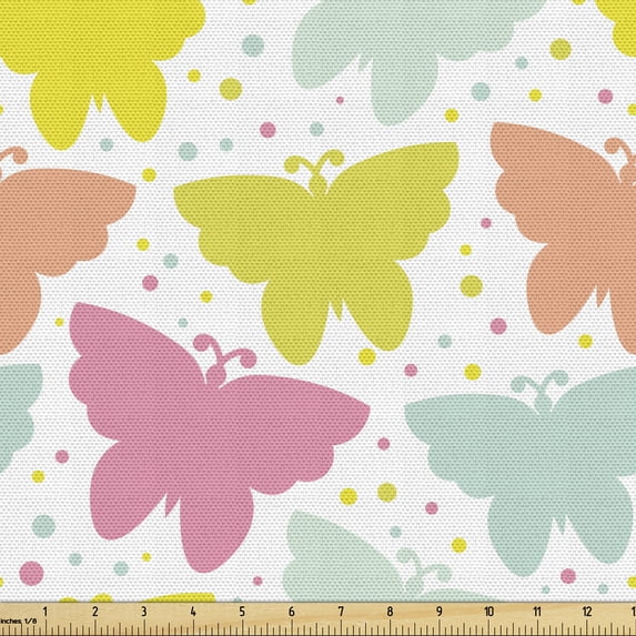 Colorful Fabric by the Yard, Spring Nature Pattern with Little Dots and Pastel Butterfly Silhouettes, Decorative Upholstery Fabric for Sofas and Home Accents, 5 Yards, Multicolor by Ambesonne